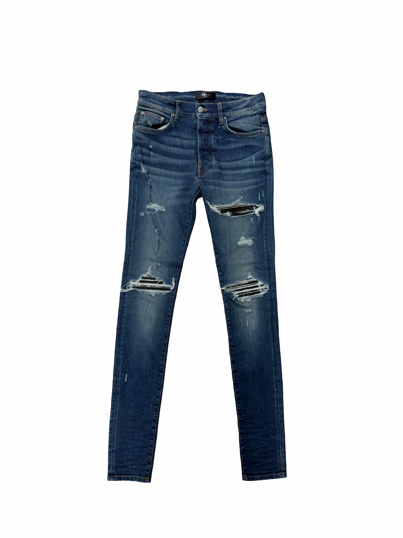 Amiri MX1 Black Patch Blue Denim Skinny Jeans