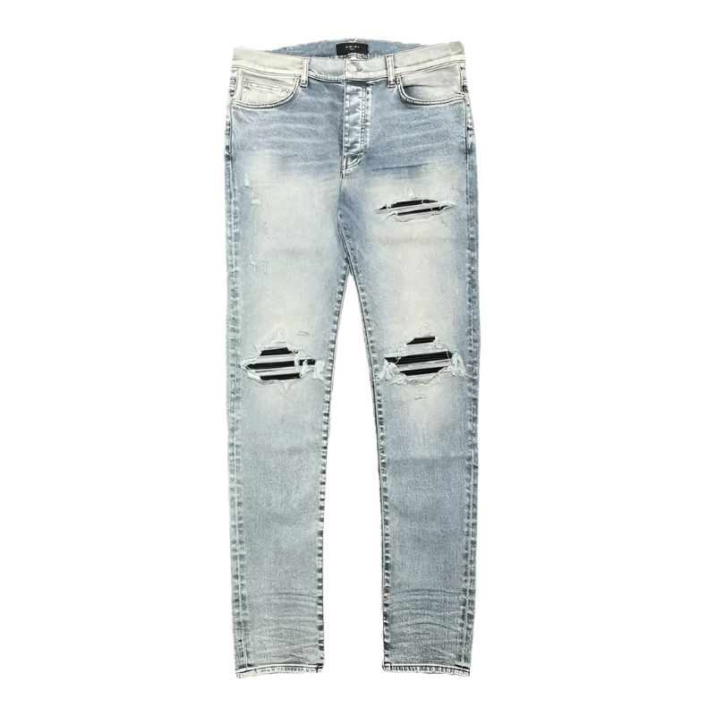 Amiri MX1 Black Leather Patch Jeans Stone Indigo