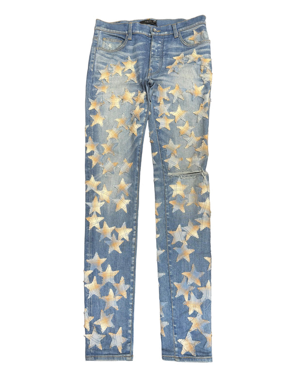 Amiri Chemist In 70s Indigo With Star Patches Straight Jeans