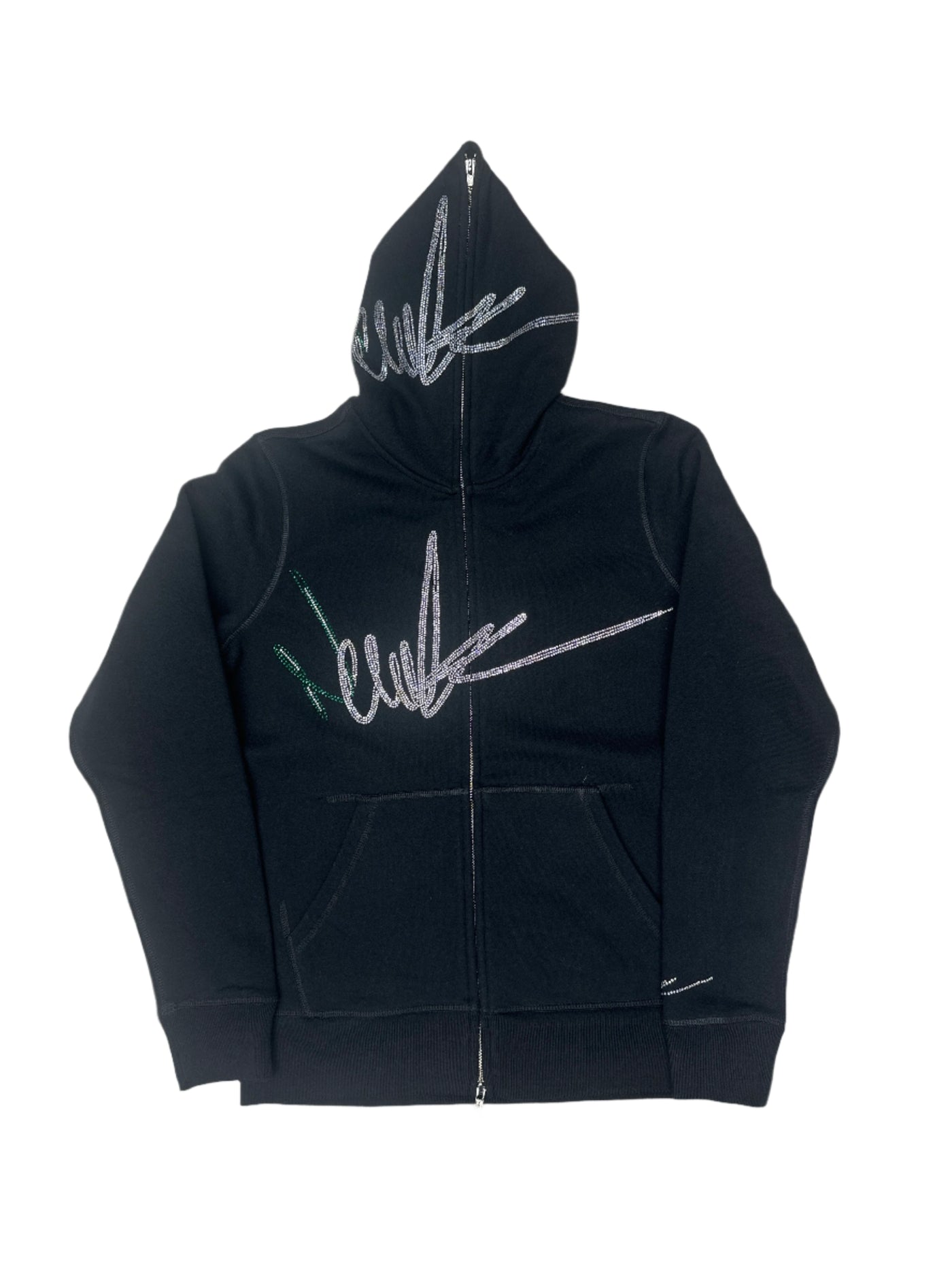 NewYrrk Black Zip-Up Hoodie w/ Green White Crystals