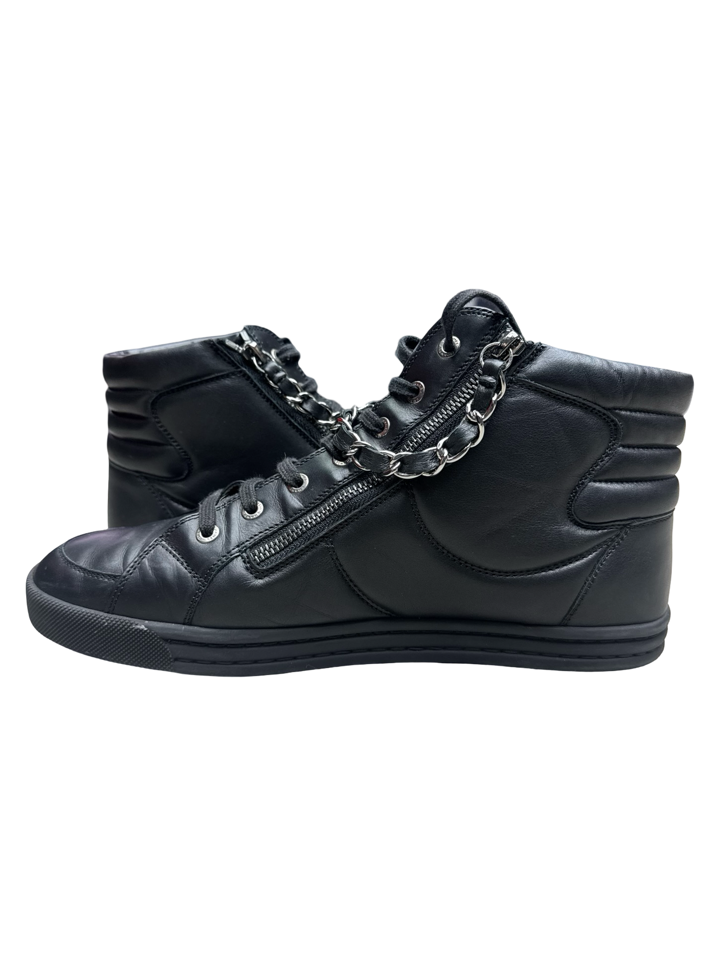 Chanel black CC Zipper Leather High Top Sneakers