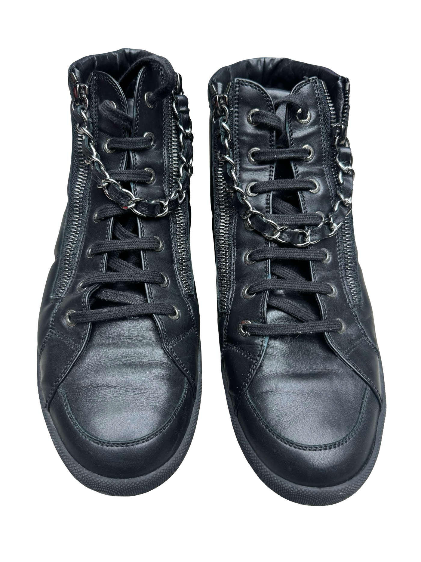 Chanel black CC Zipper Leather High Top Sneakers