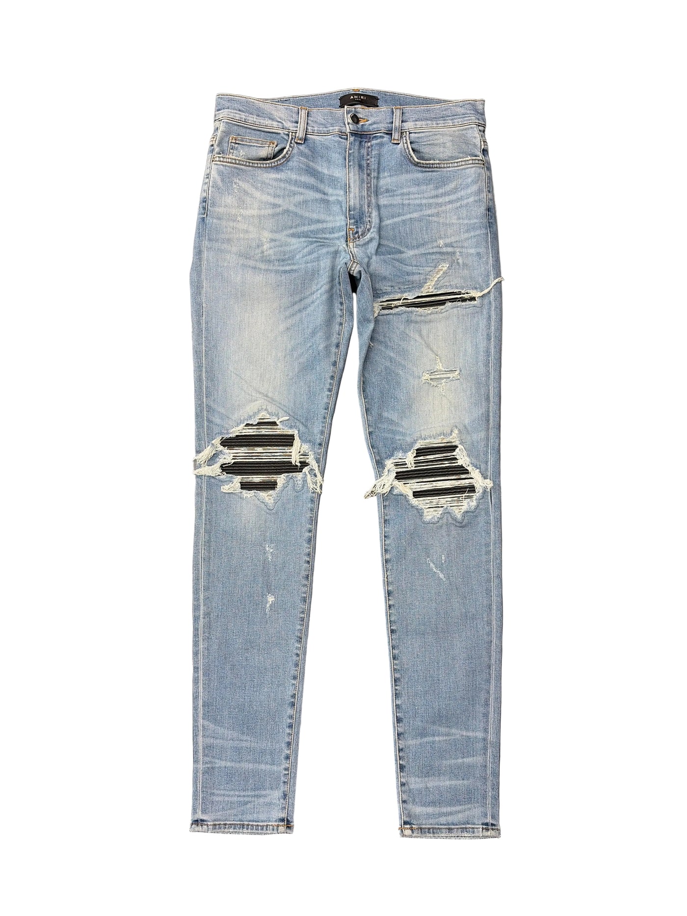 Amiri MX1 Black Leather Patch Jeans Clay Indigo