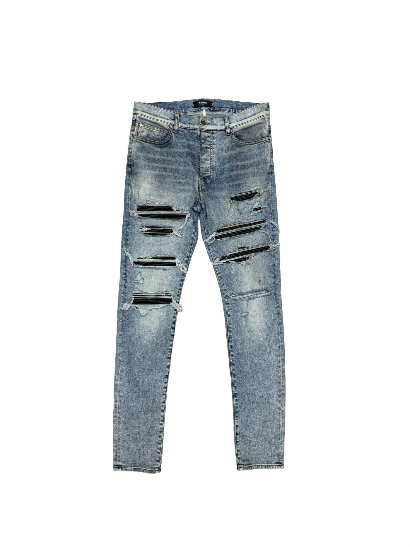 Amiri MX1 Leather Thrasher Stone Indigo Skinny Jeans