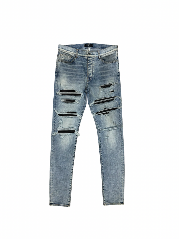 Amiri MX1 Leather Thrasher Stone Indigo Skinny Jeans