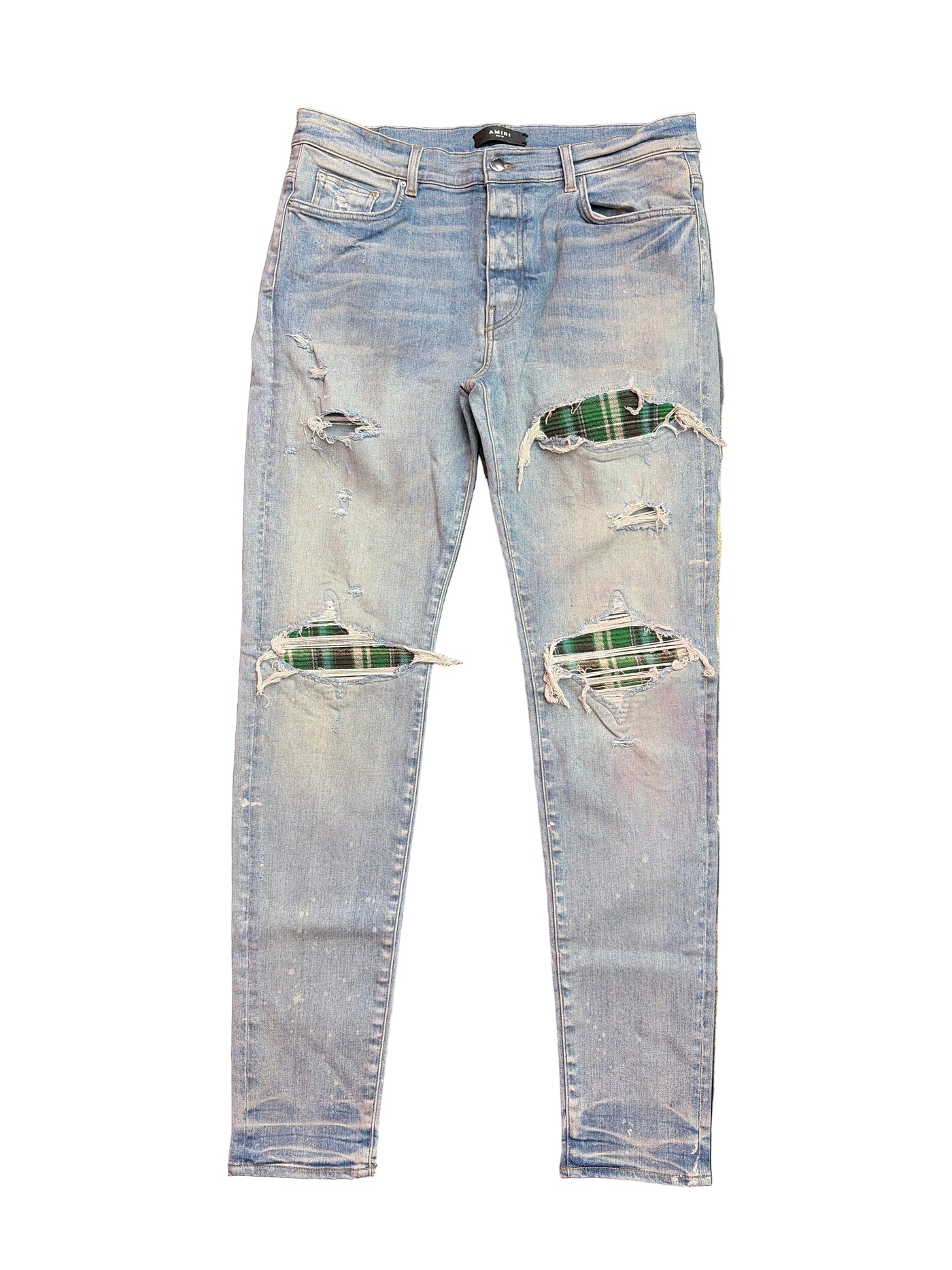 Amiri MX1 Green Plaid Patch Jeans Clay Indigo