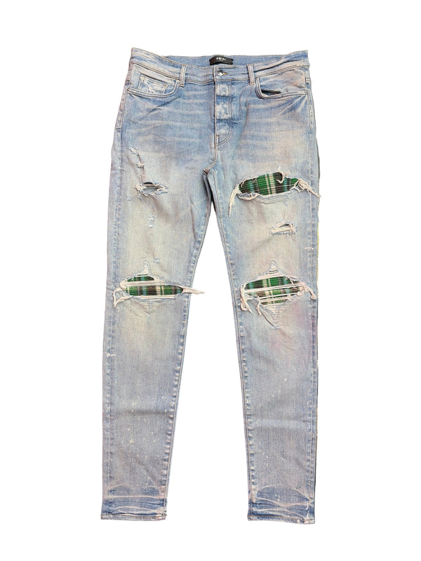 Amiri MX1 Green Plaid Patch Jeans Clay Indigo