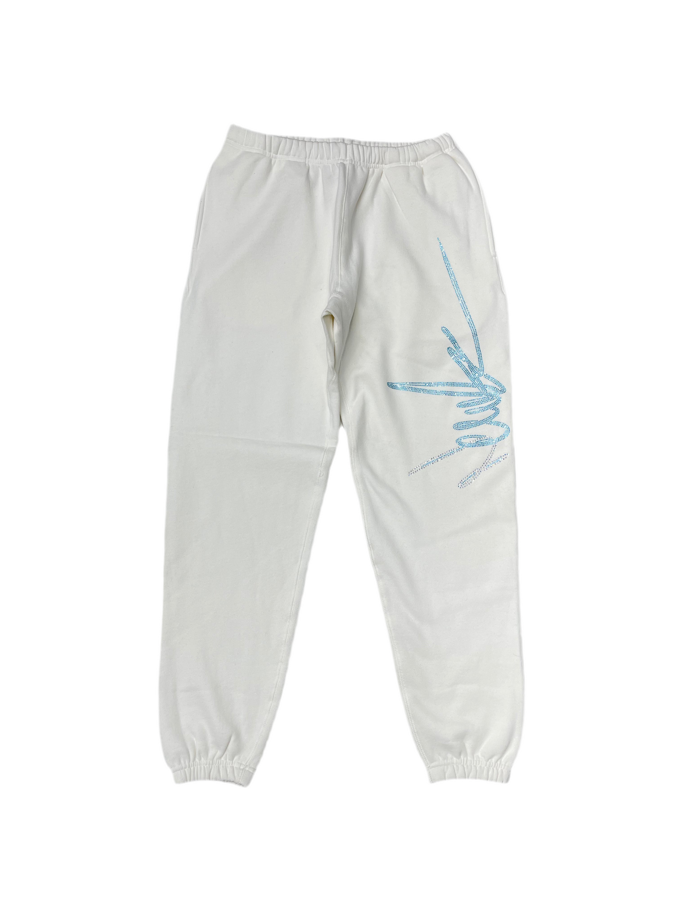 NewYrrk White Sweatpants w/ White Light Blue Crystal
