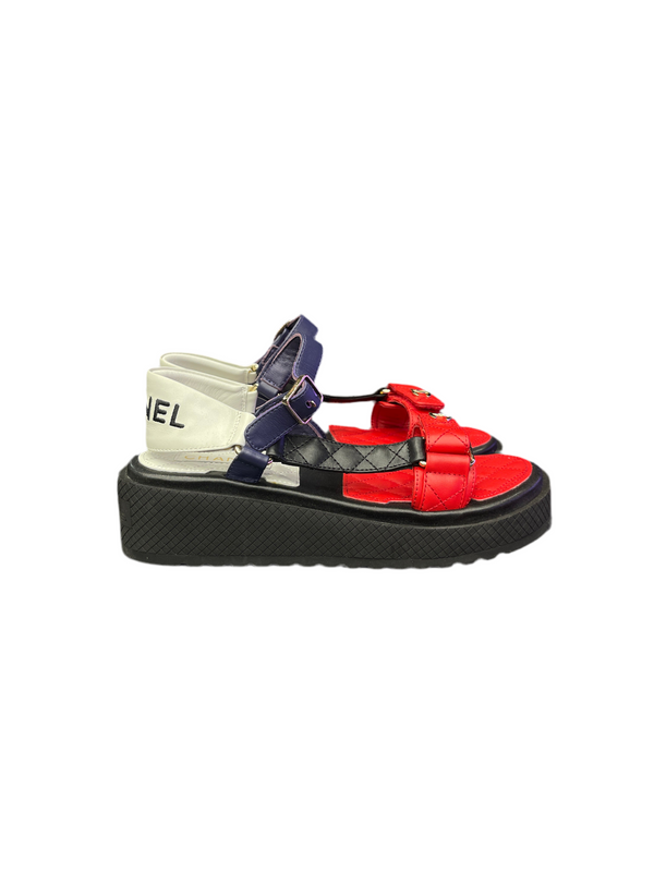 Chanel Lambskin Logo Platform Sandals Red White Blue