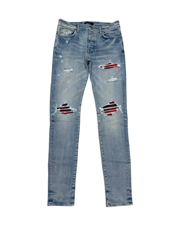 Amiri MX1 Red Blue Plaid Patch Jeans Indigo