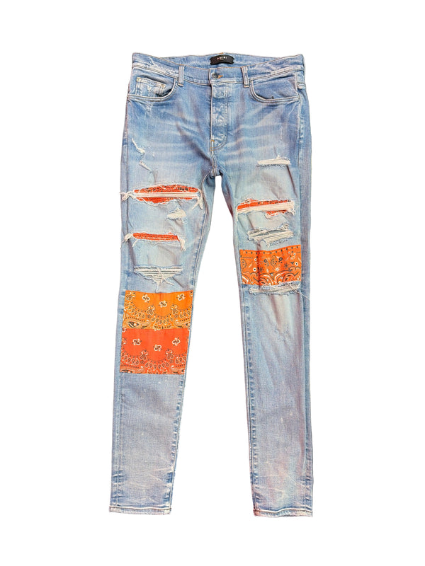 Amiri MX1 Orange Paisley Bandana Patch Jeans Light Indigo
