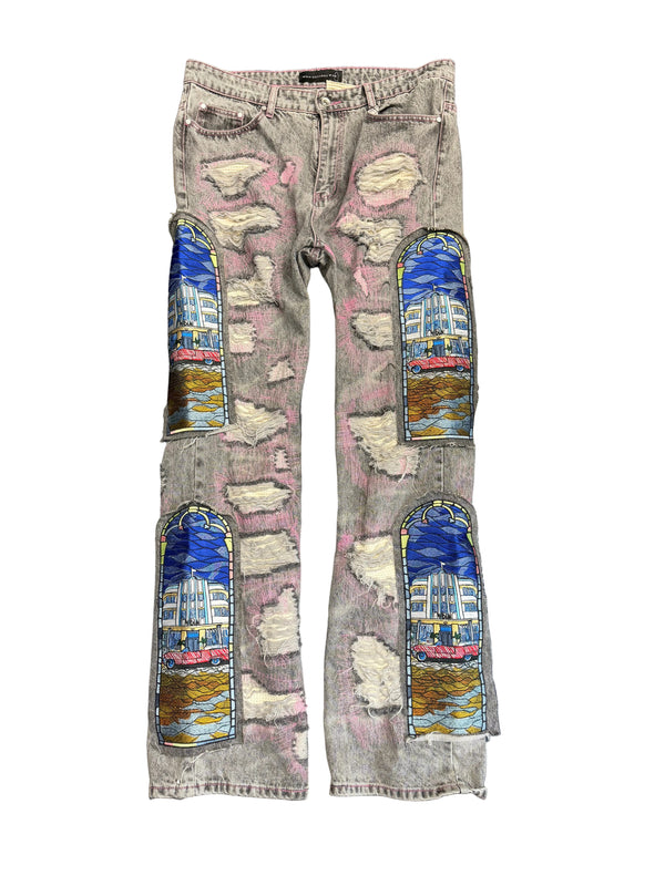 Who Decides War Stained Glass Vintage Grey Denim Jeans