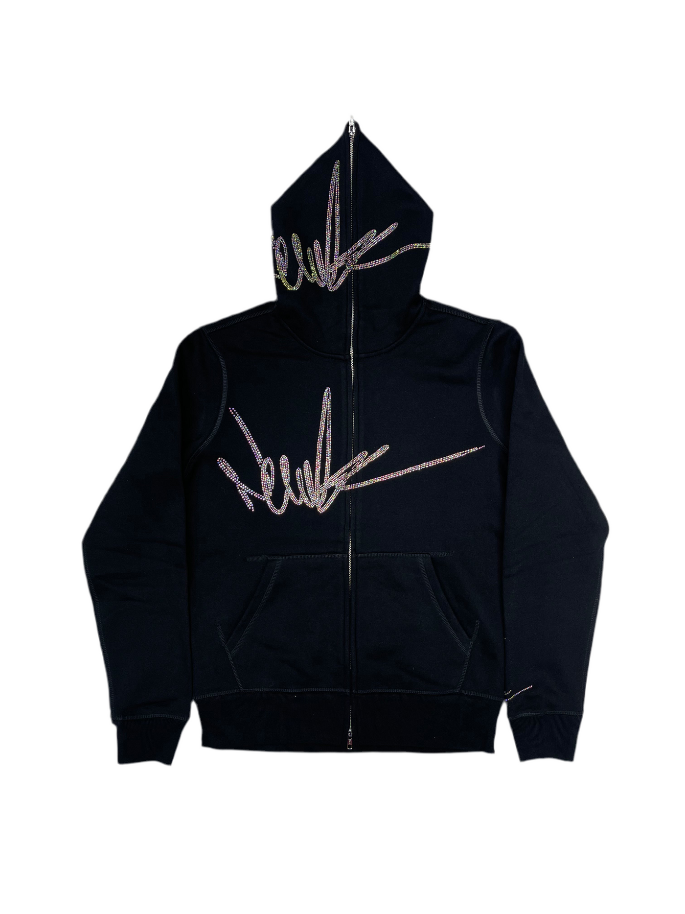 NewYrrk Black Zip-Up Hoodie w/ Rainbow Iridescent Crystal