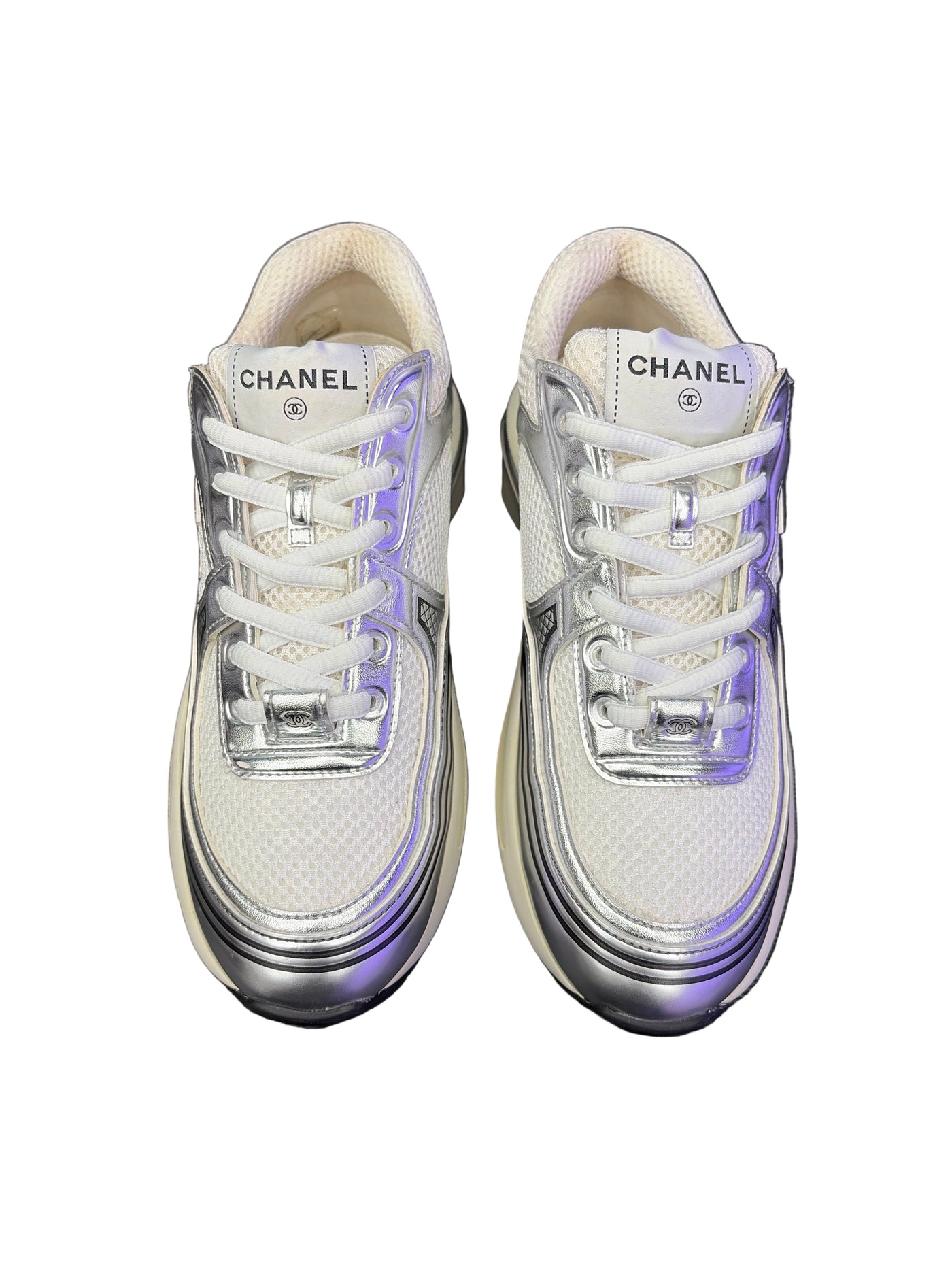 Chanel CC Logo Sneakers White Silver