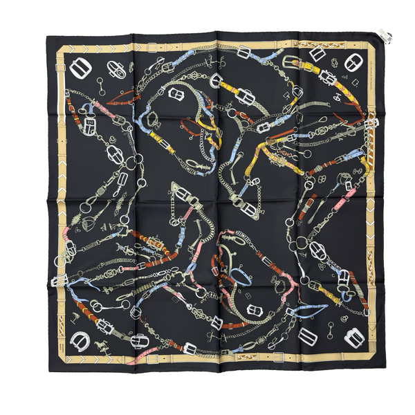Hermès Les Chevaux Dechaines Scarf 90 Noir Kaki Gris