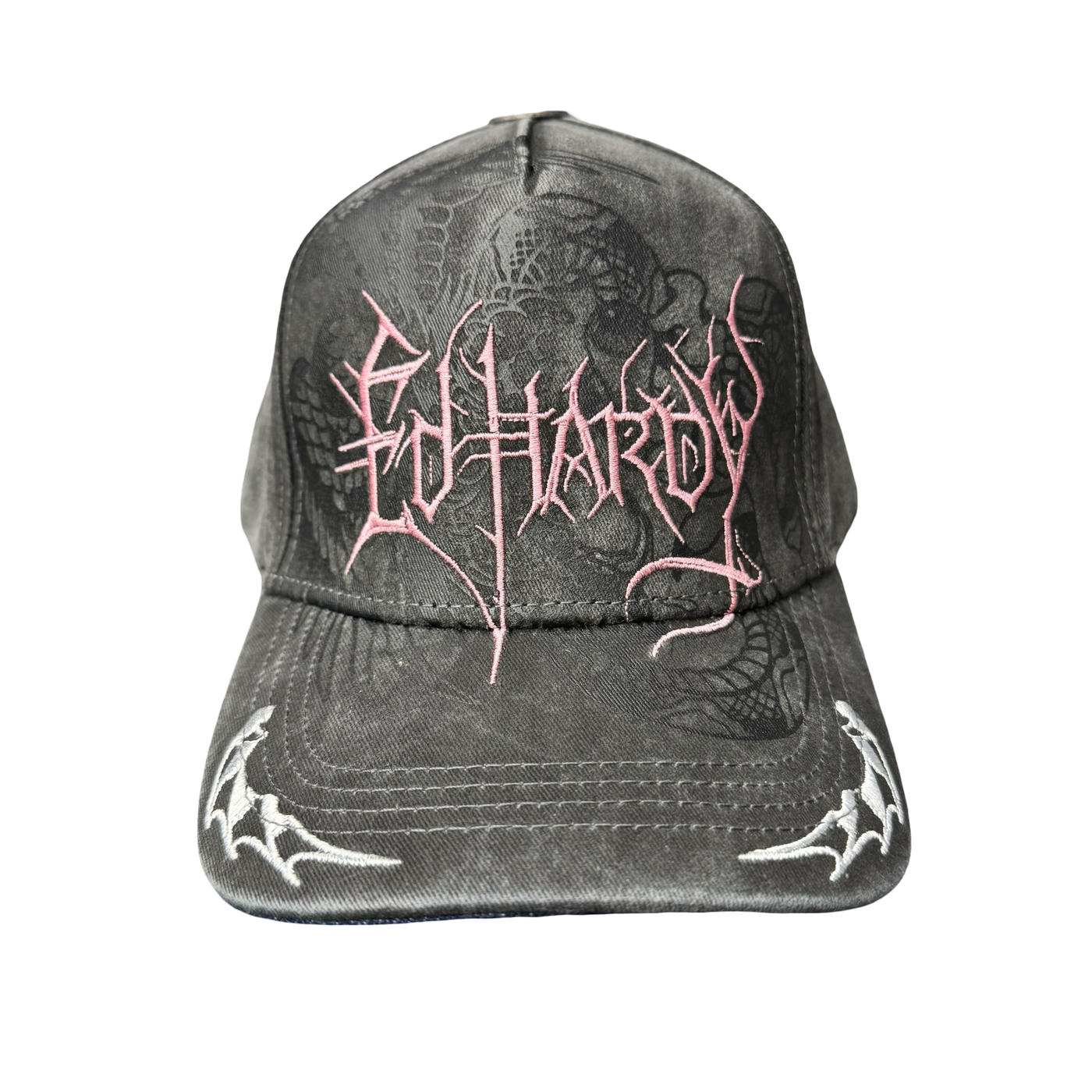 Ed Hardy Pink Embroidered Trucker Washed Grey