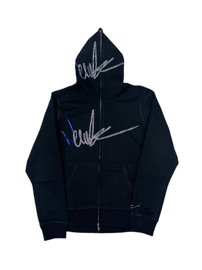 NewYrrk Black Zip-Up Hoodie w/ Blue White Crystals