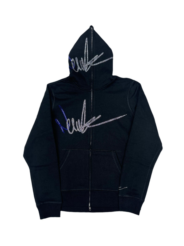 NewYrrk Black Zip-Up Hoodie w/ Blue White Crystals