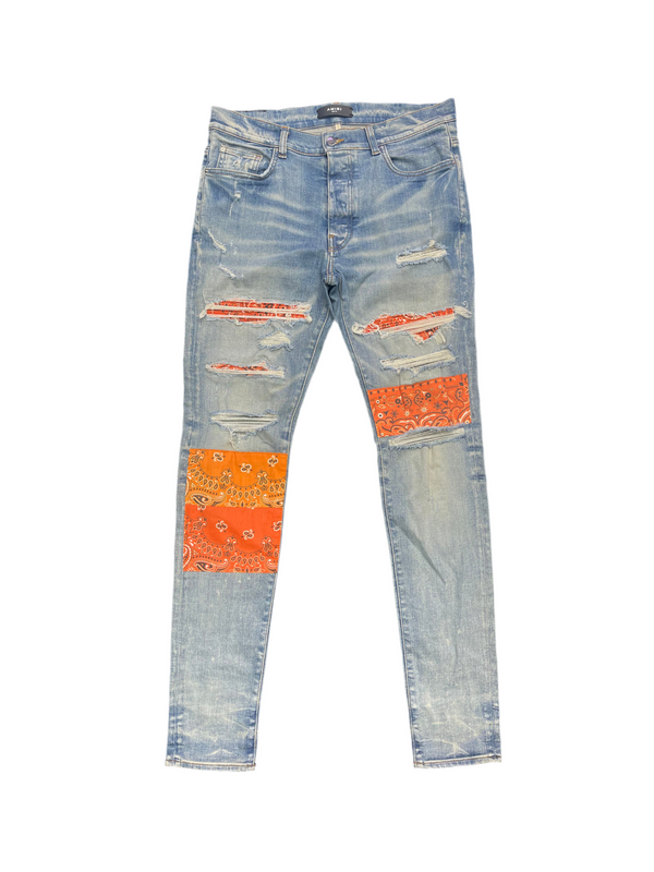 Amiri Orange Bandana Art Patch Indigo Jeans