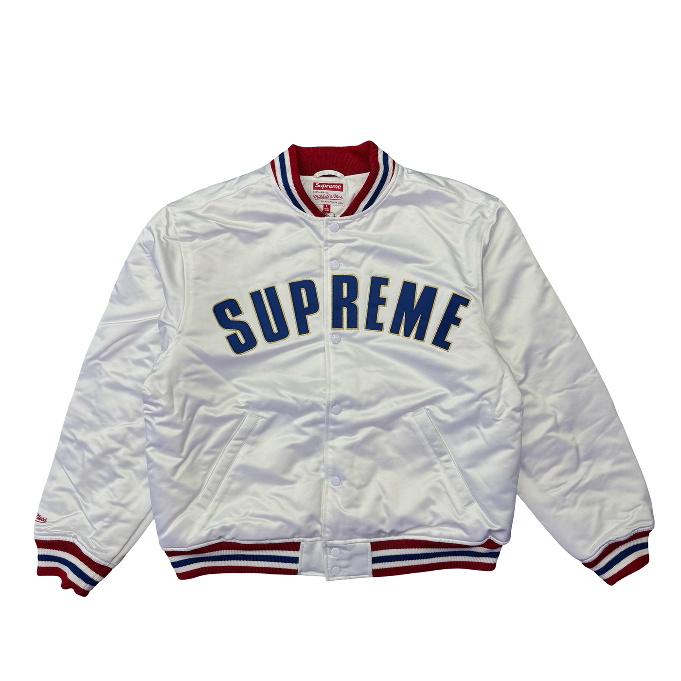 Supreme Mitchell & Ness Satin Varsity Jacket White