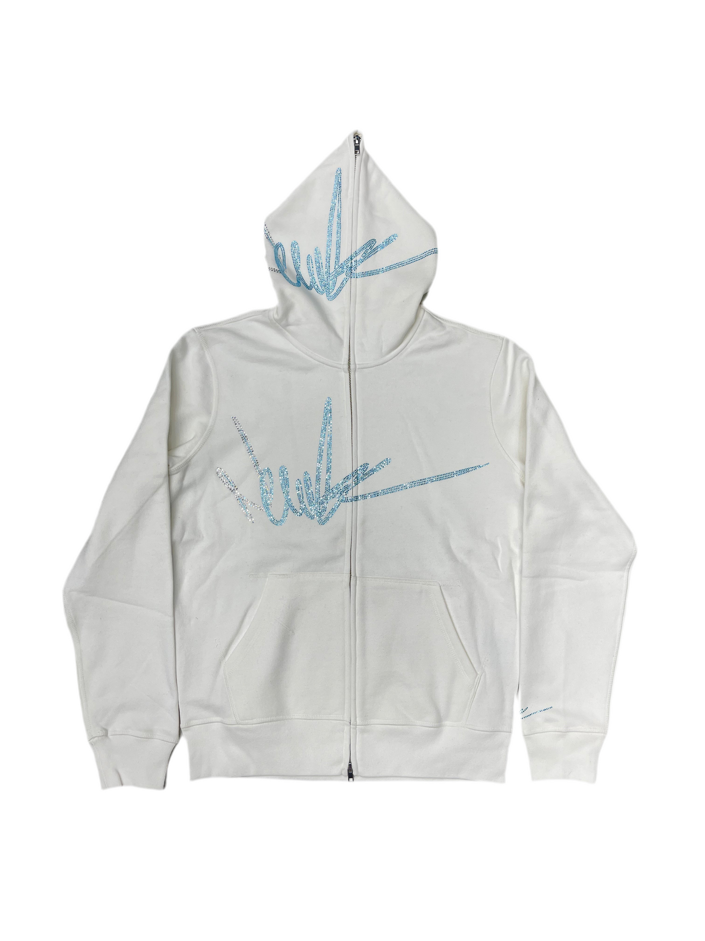 NewYrrk White Zip-Up Hoodie w/ White Light Blue Crystal
