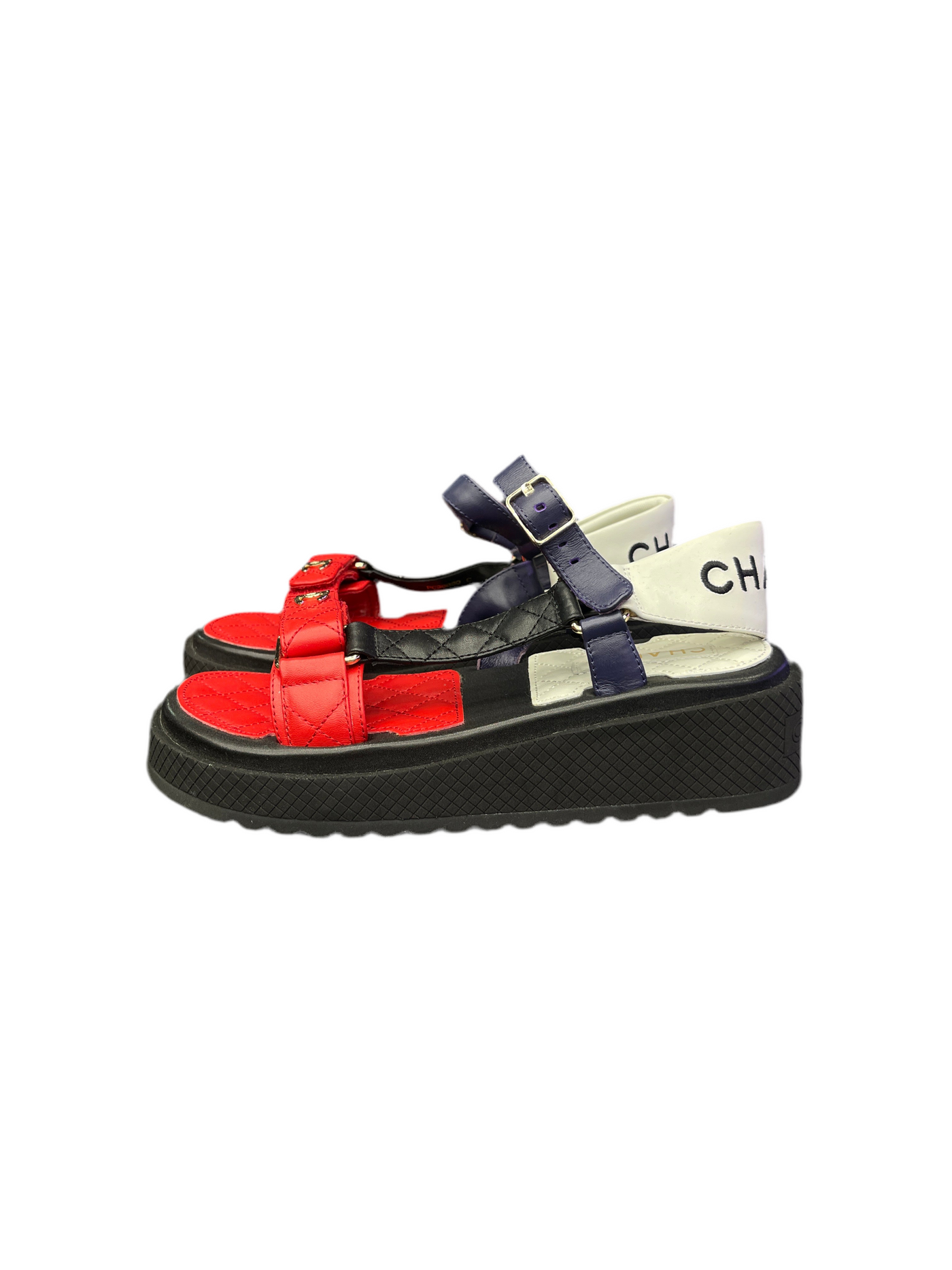 Chanel Lambskin Logo Platform Sandals Red White Blue