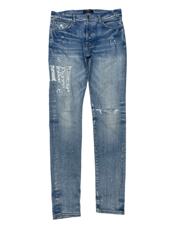 Amiri Distressed Logo Jeans Blue
