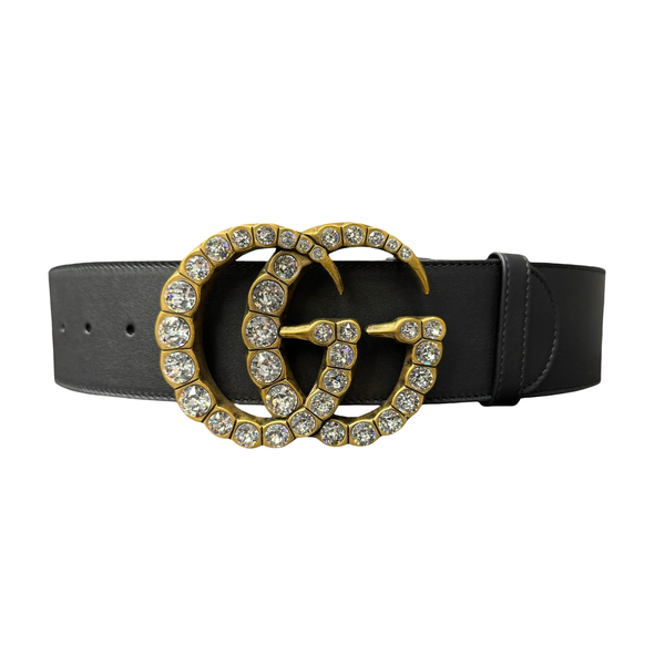 WMNS Gucci Extra Wide Leather Belt Crystal Double G Black