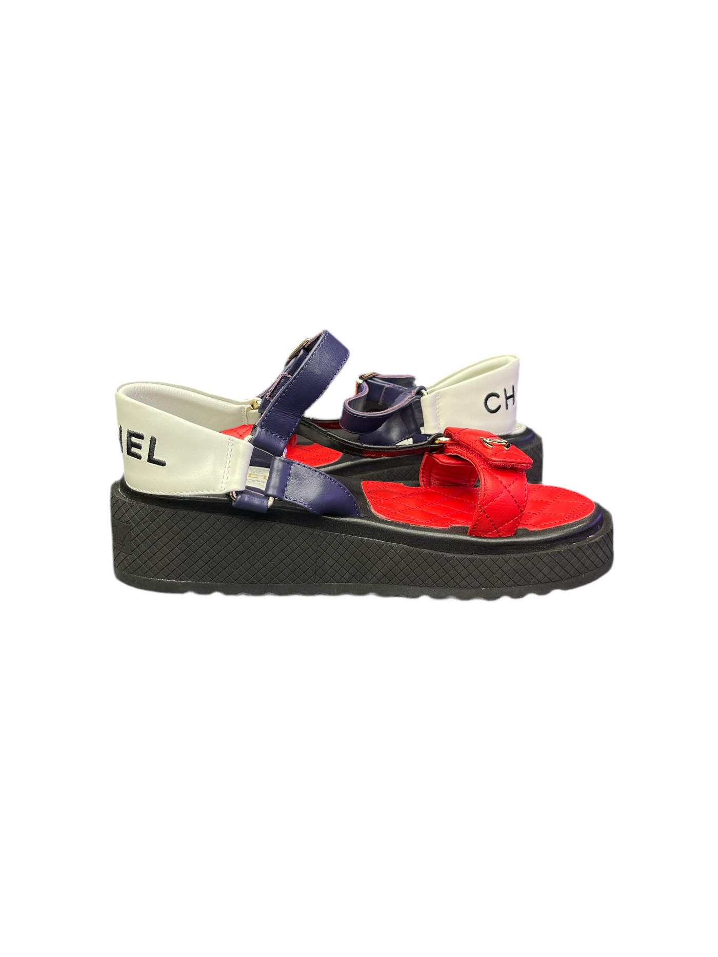 Chanel Lambskin Logo Platform Sandals Red White Blue