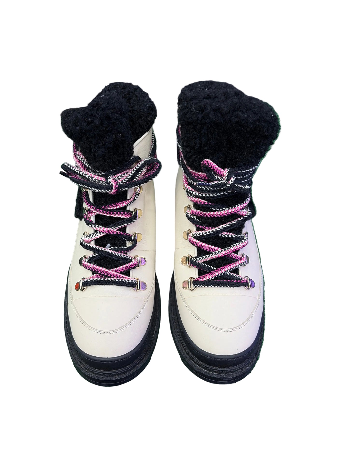 Chanel Leather Shearling CC Logo Snow Boots Beige Black
