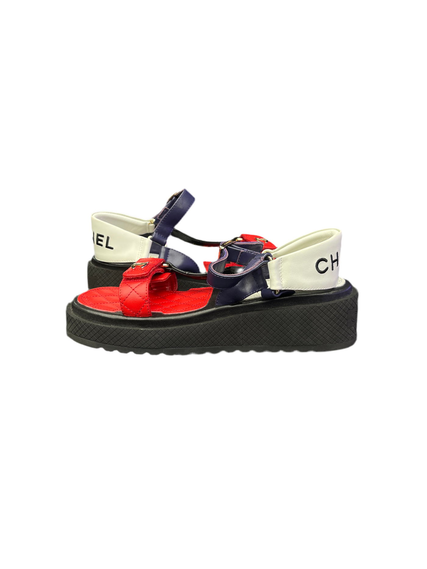Chanel Lambskin Logo Platform Sandals Red White Blue