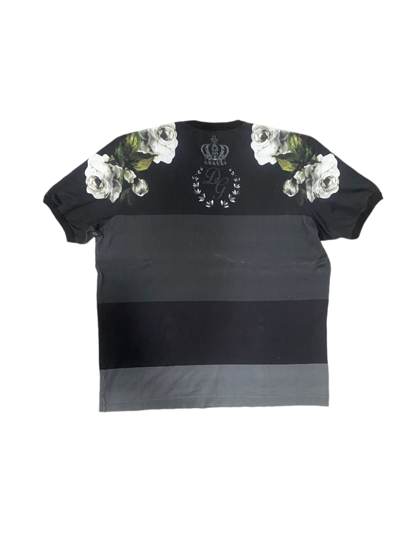 Dolce & Gabbana Striped Floral Printed Cotton T-Shirt Grey Black