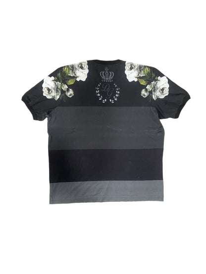 Dolce & Gabbana Striped Floral Printed Cotton T-Shirt Grey Black
