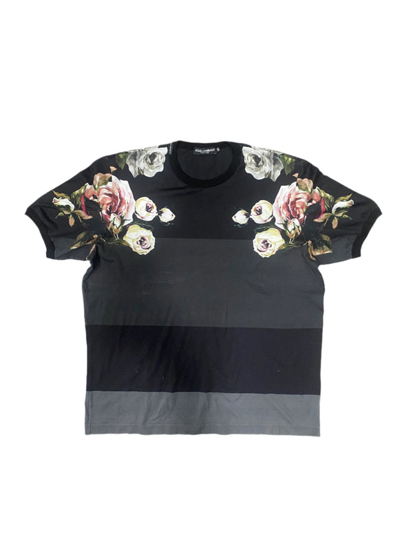 Dolce & Gabbana Striped Floral Printed Cotton T-Shirt Grey Black