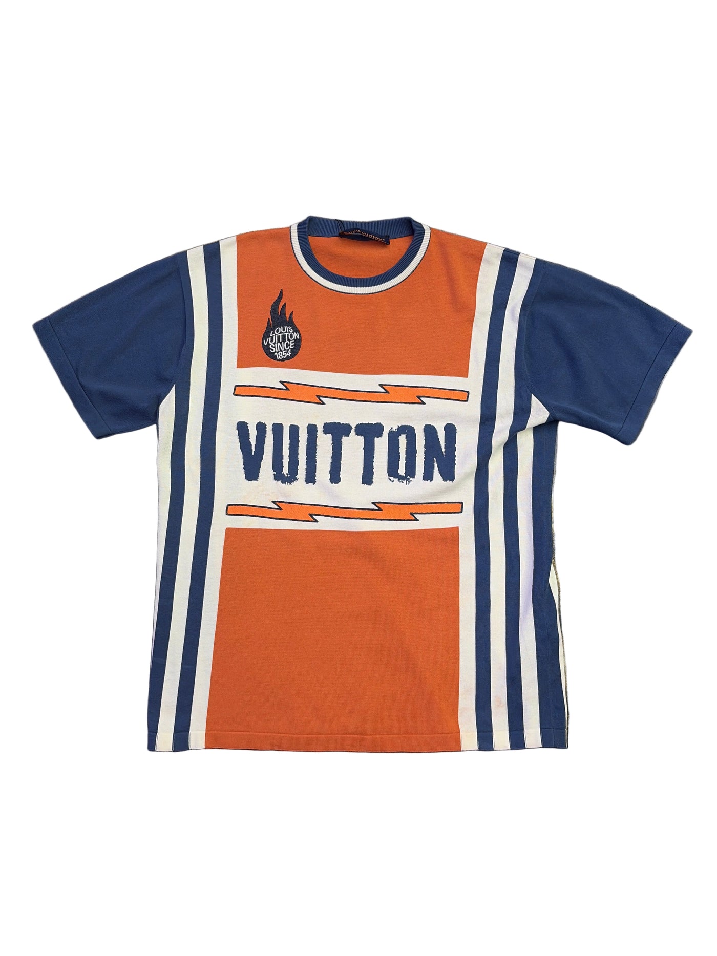 LV Flame Logo Print Striped Tee Orange Blue