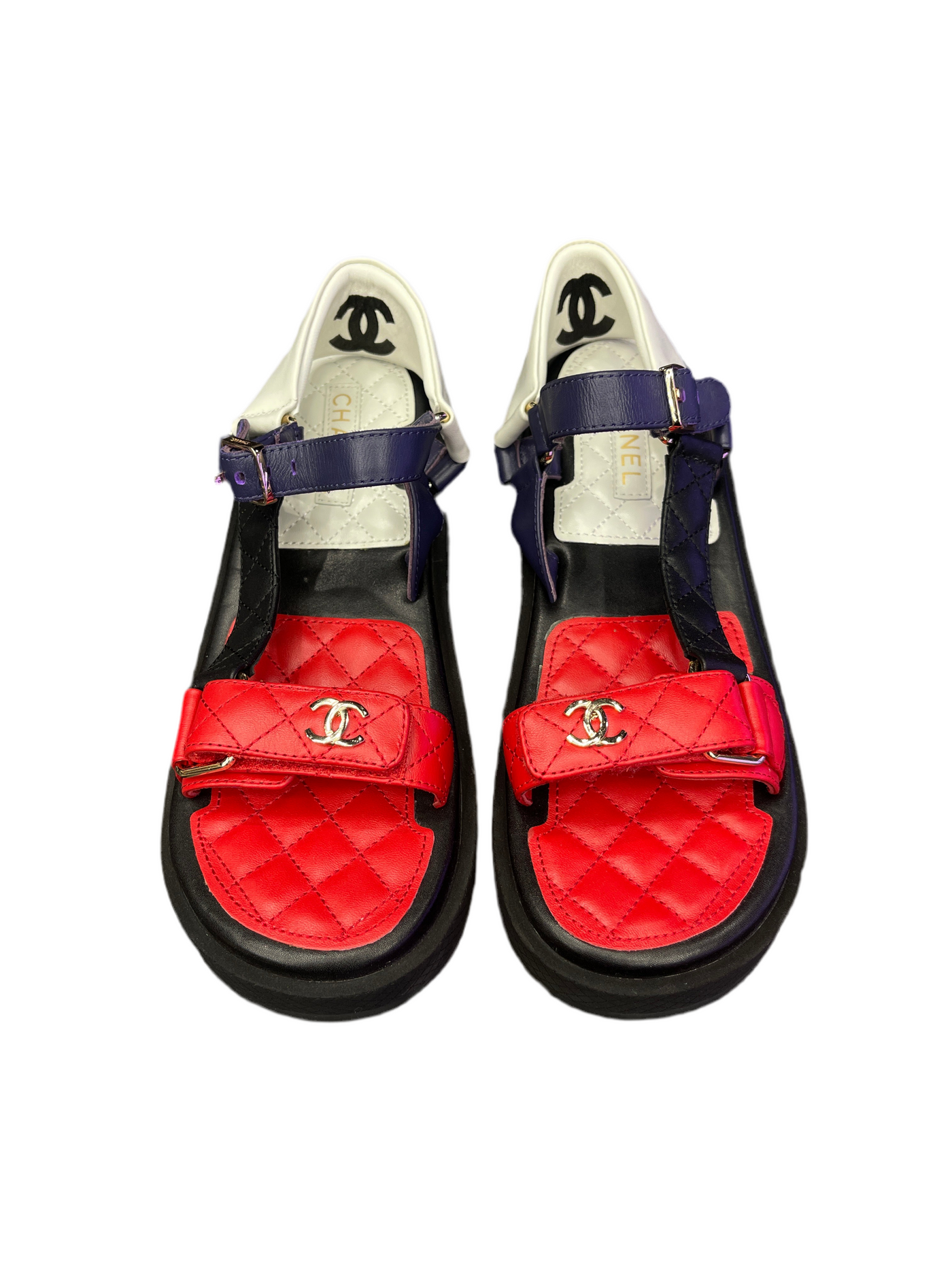 Chanel Lambskin Logo Platform Sandals Red White Blue