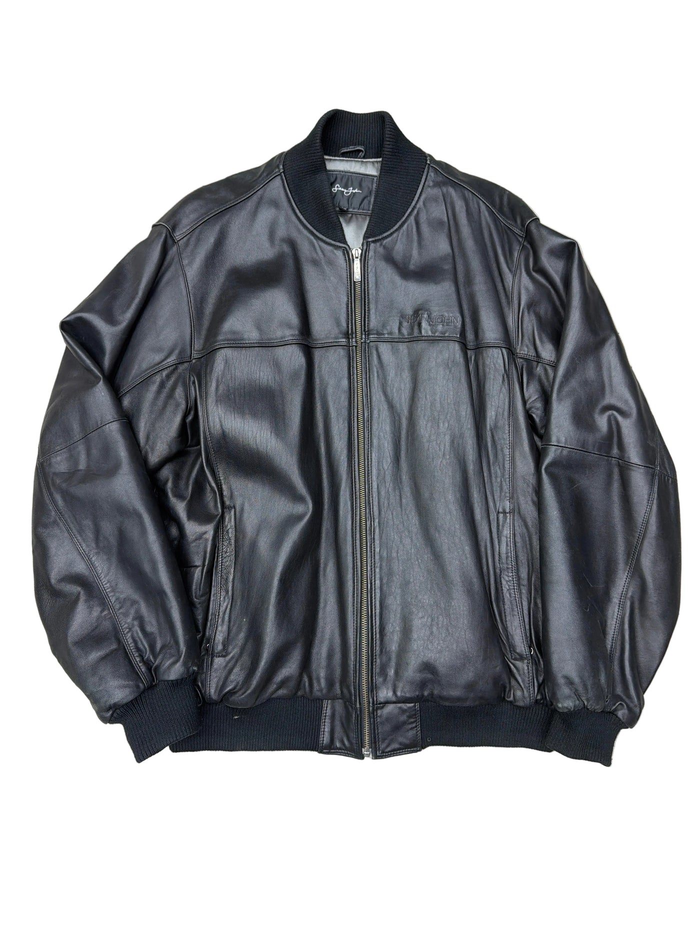 Sean John Mens Signature Logo Genuine Leather Bomber Jacket