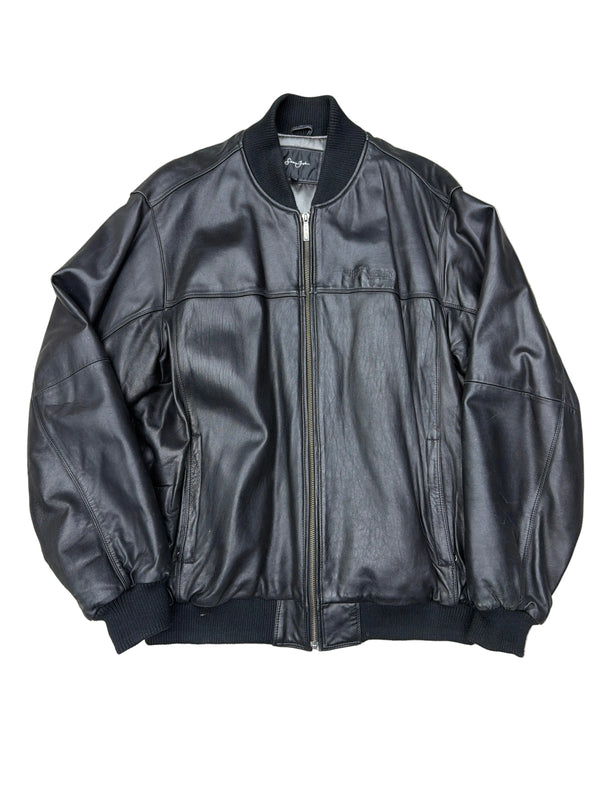 Sean John Mens Signature Logo Genuine Leather Bomber Jacket