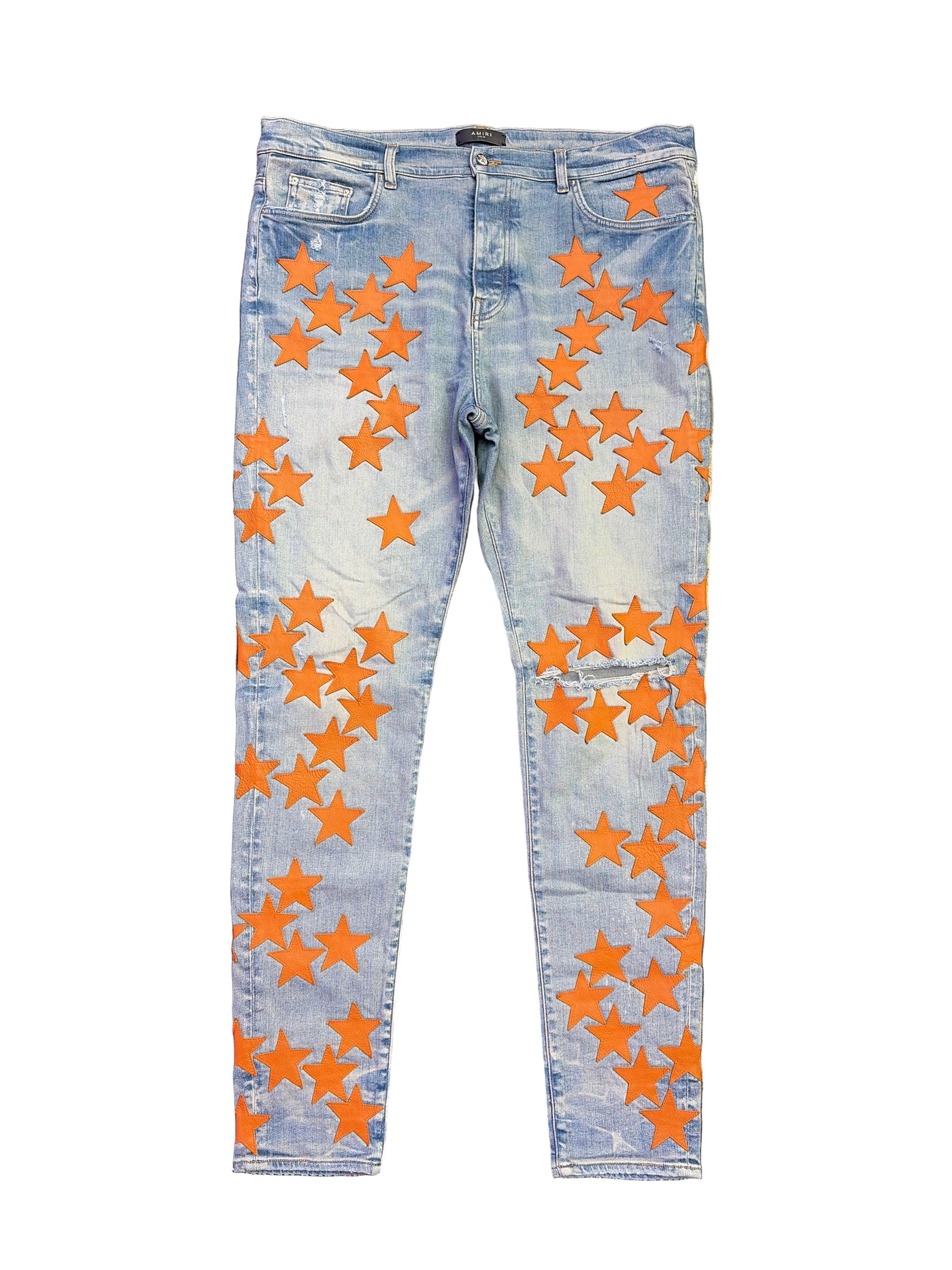 Amiri Chemist Orange Star Patch Jeans Light Wash Denim