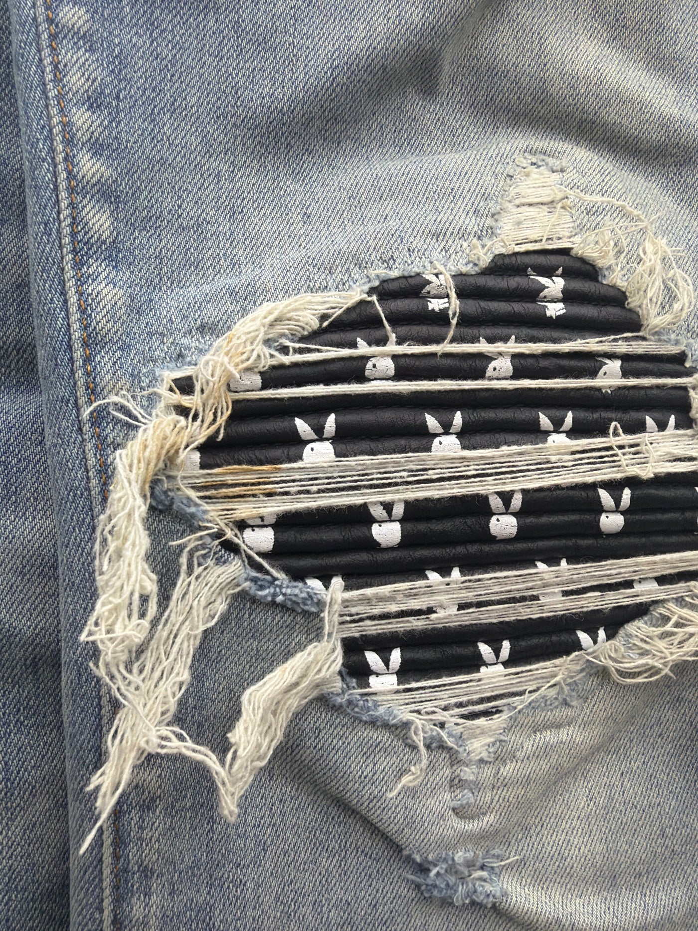 Amiri MX1 Playboy Black Leather Patch Jeans Indigo