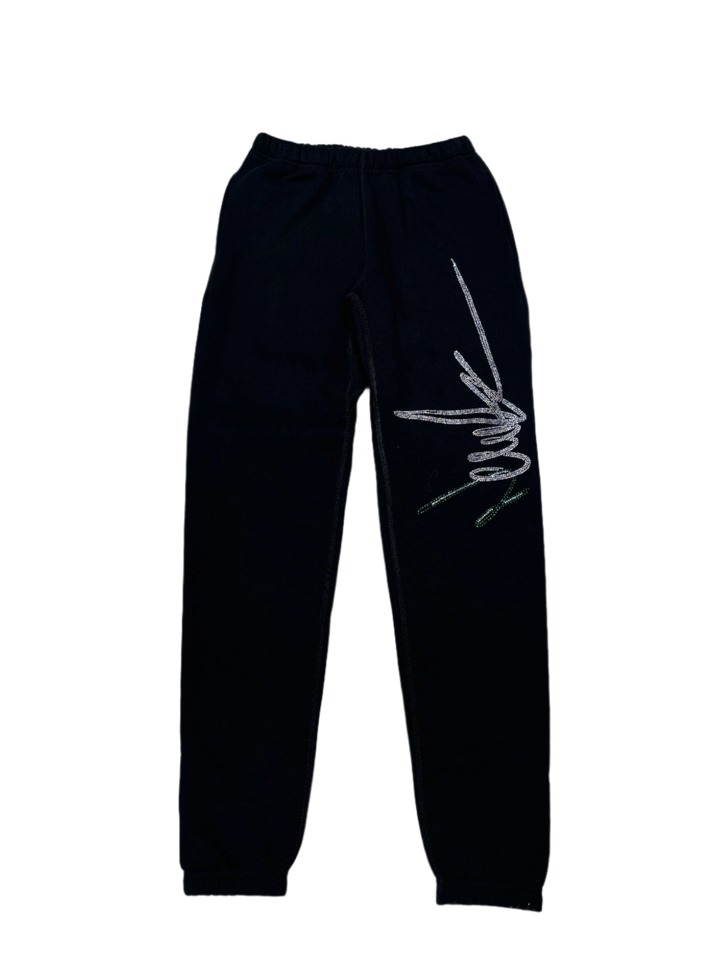 NewYrrk Black Sweatpants Side Logo w/ Green White Crystal