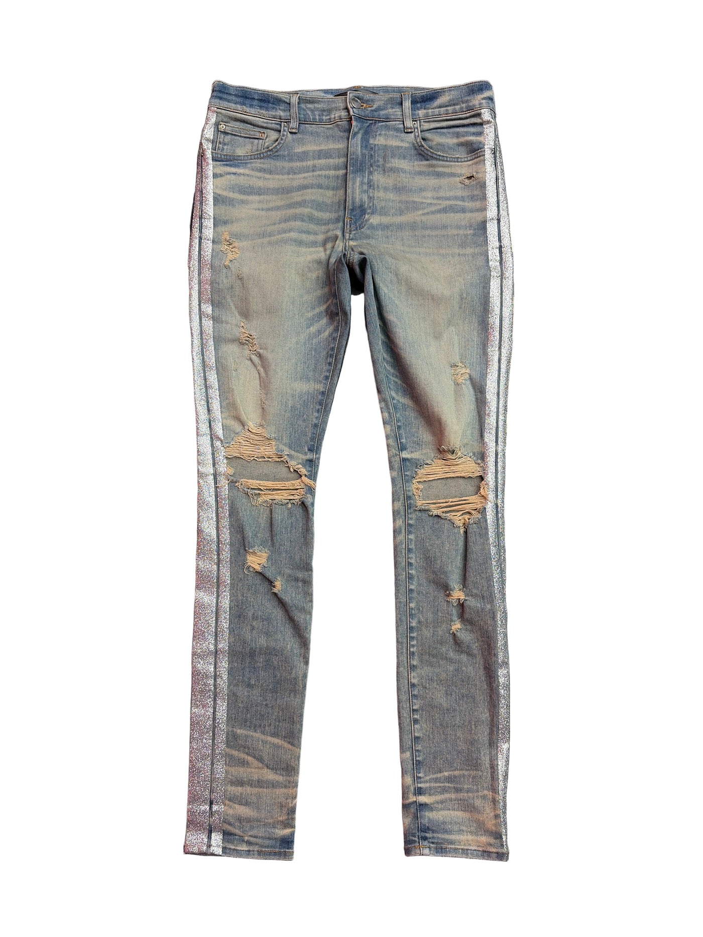 Amiri Silver Glitter Stripe Dirty Indigo Jeans