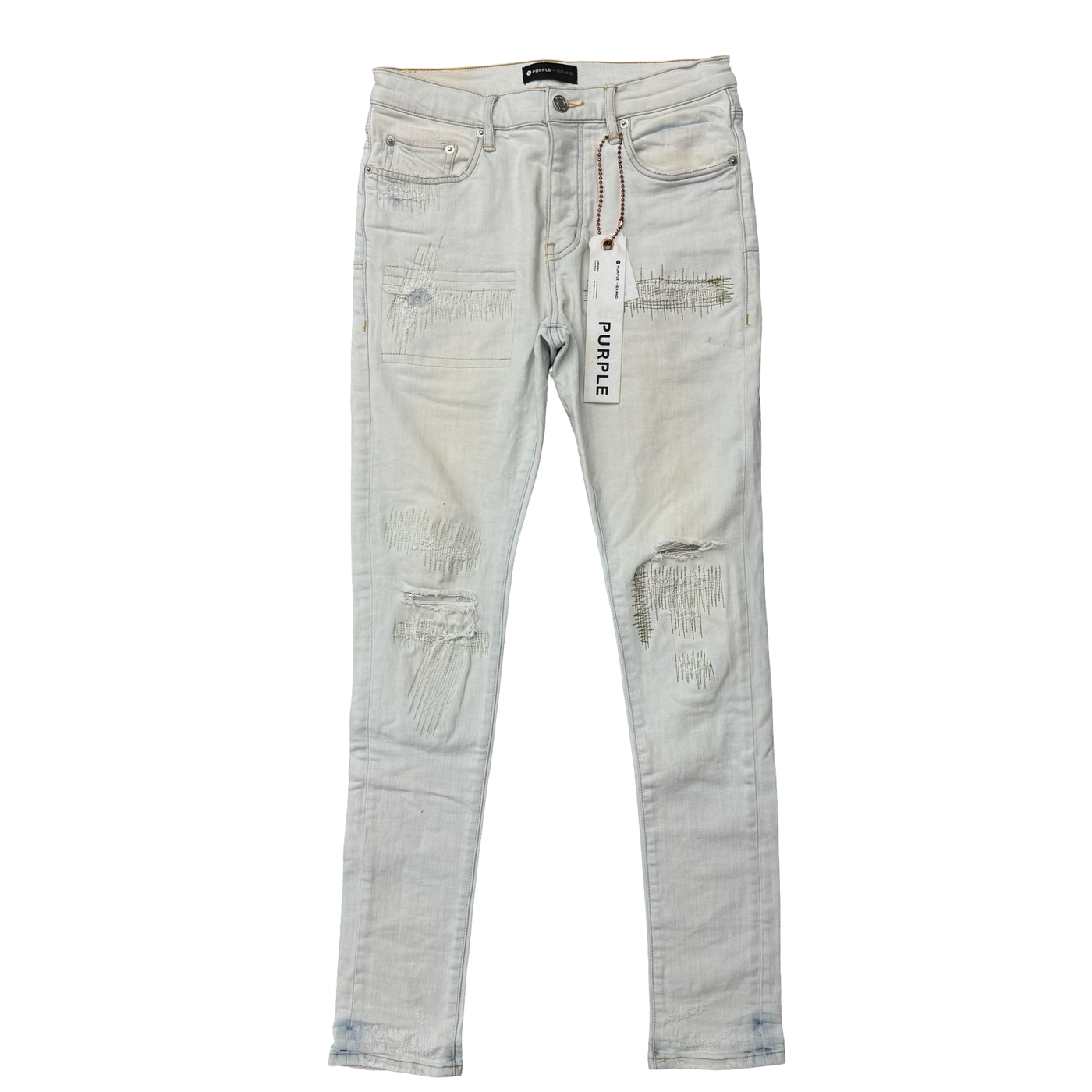 Purple Brand Distressed Olive-Stitch Jeans White