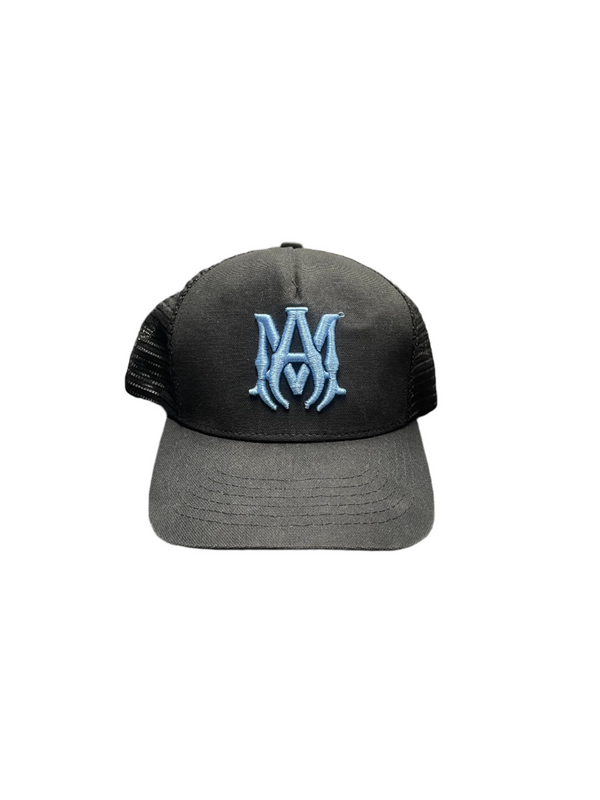 Amiri MA Logo Trucker Hat Black Baby Blue