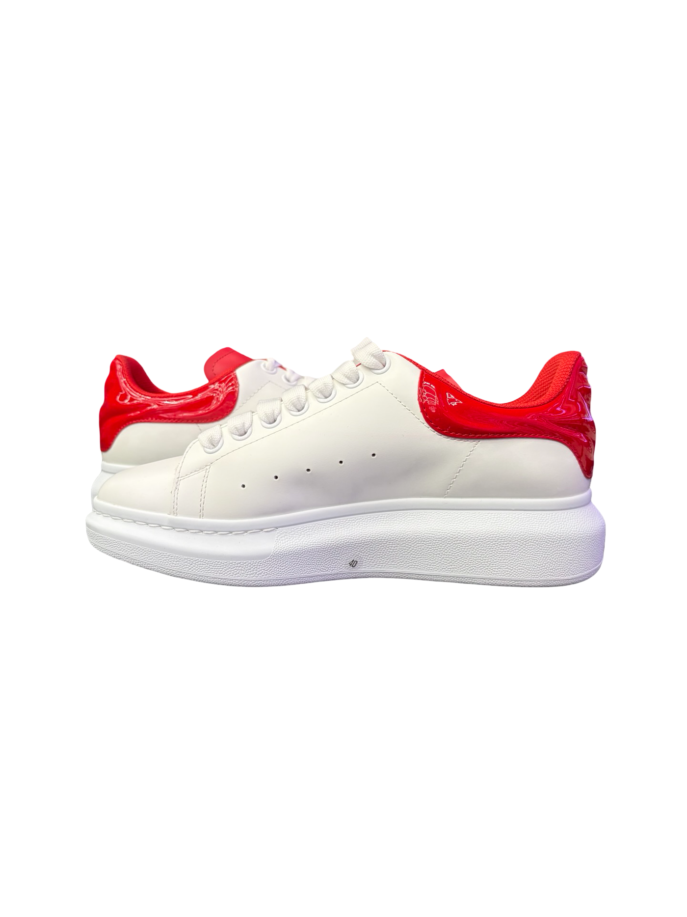 Alexander McQueens Oversized Larry Patent Leather Sneaker White Red