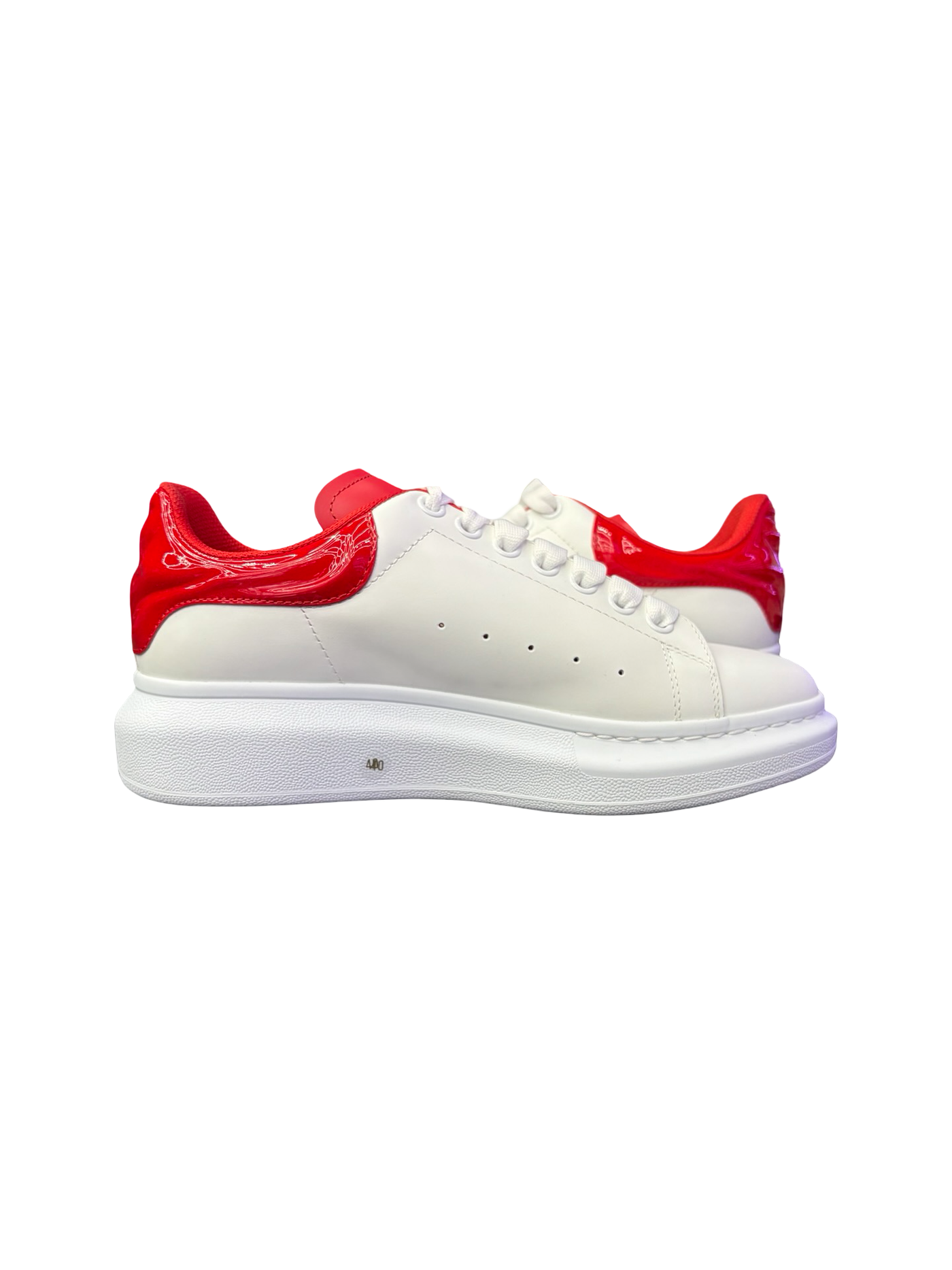Alexander McQueens Oversized Larry Patent Leather Sneaker White Red