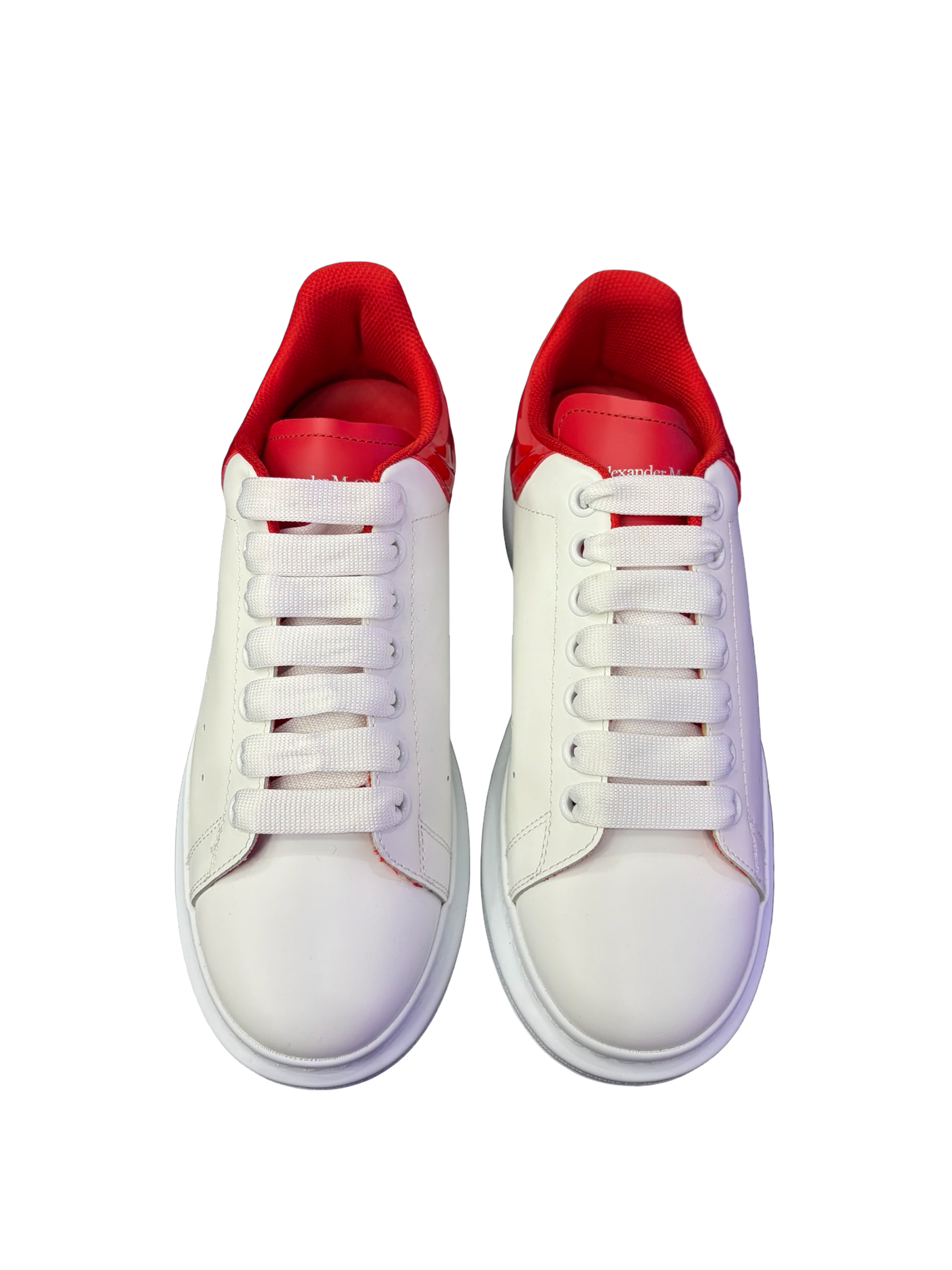 Alexander McQueens Oversized Larry Patent Leather Sneaker White Red