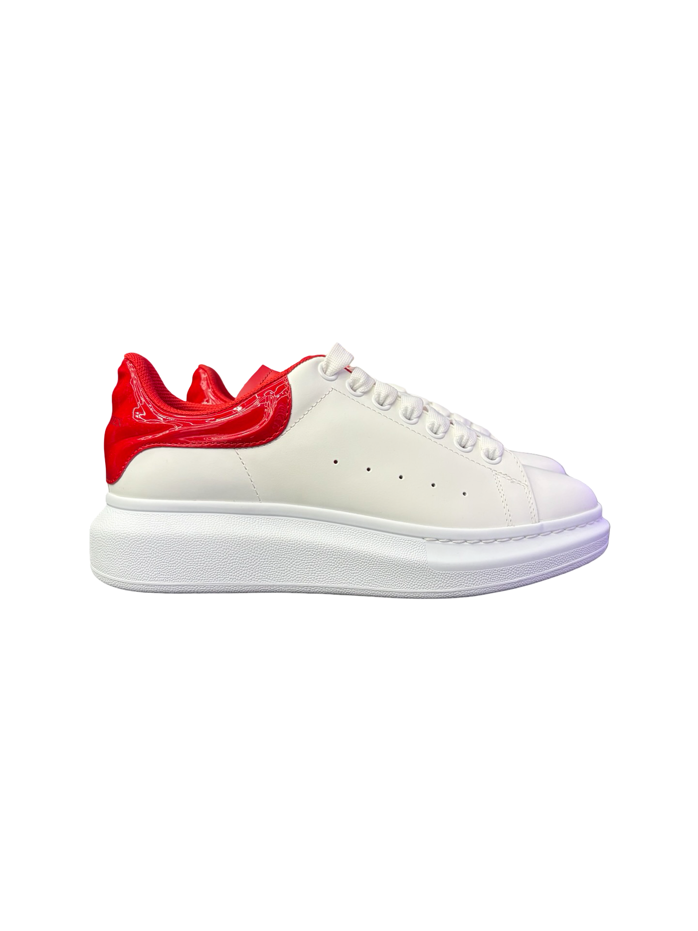 Alexander McQueens Oversized Larry Patent Leather Sneaker White Red