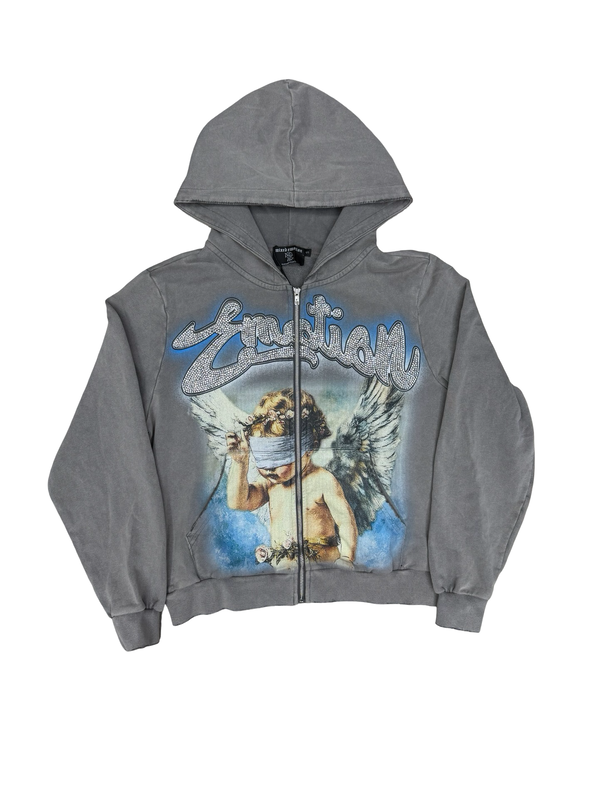Mixed Emotions Cupid Grey Rhinestone Zip Up Hoodie