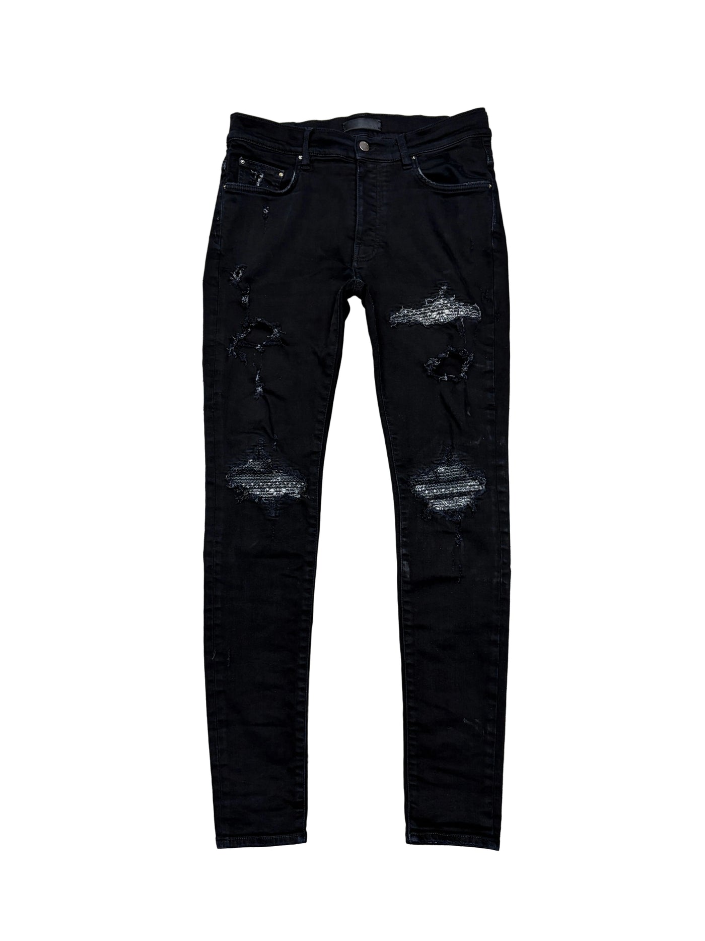Amiri MX1 Bandana Patch Distressed Skinny Jeans Black